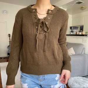 Khaki Green Knit Sweater with Lace Front